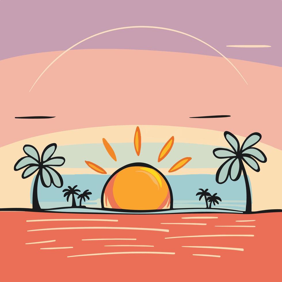 tropical sunset with palm trees and sun on the horizon vector