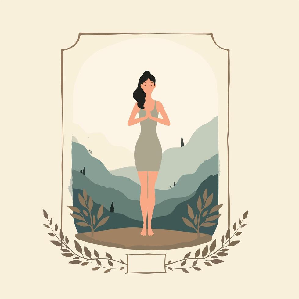 a woman in a dress standing in front of a mountain vector