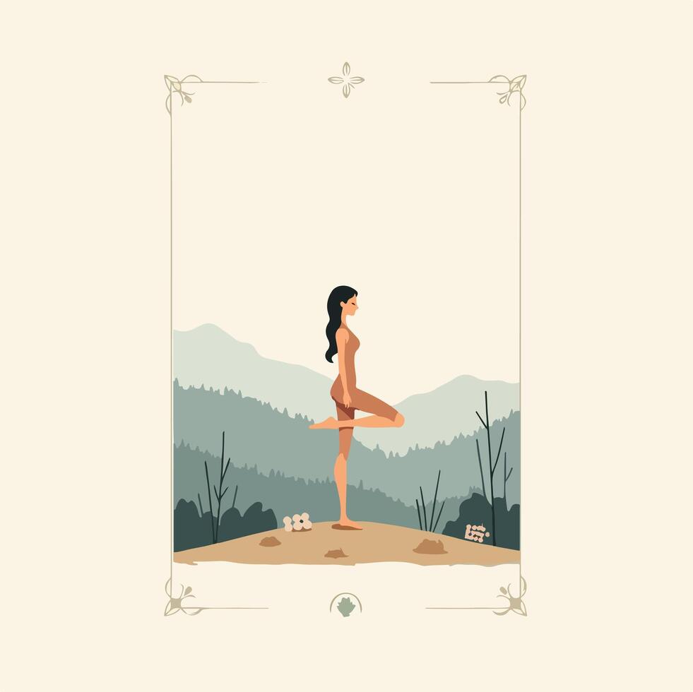 a woman in yoga pose on a mountain top vector