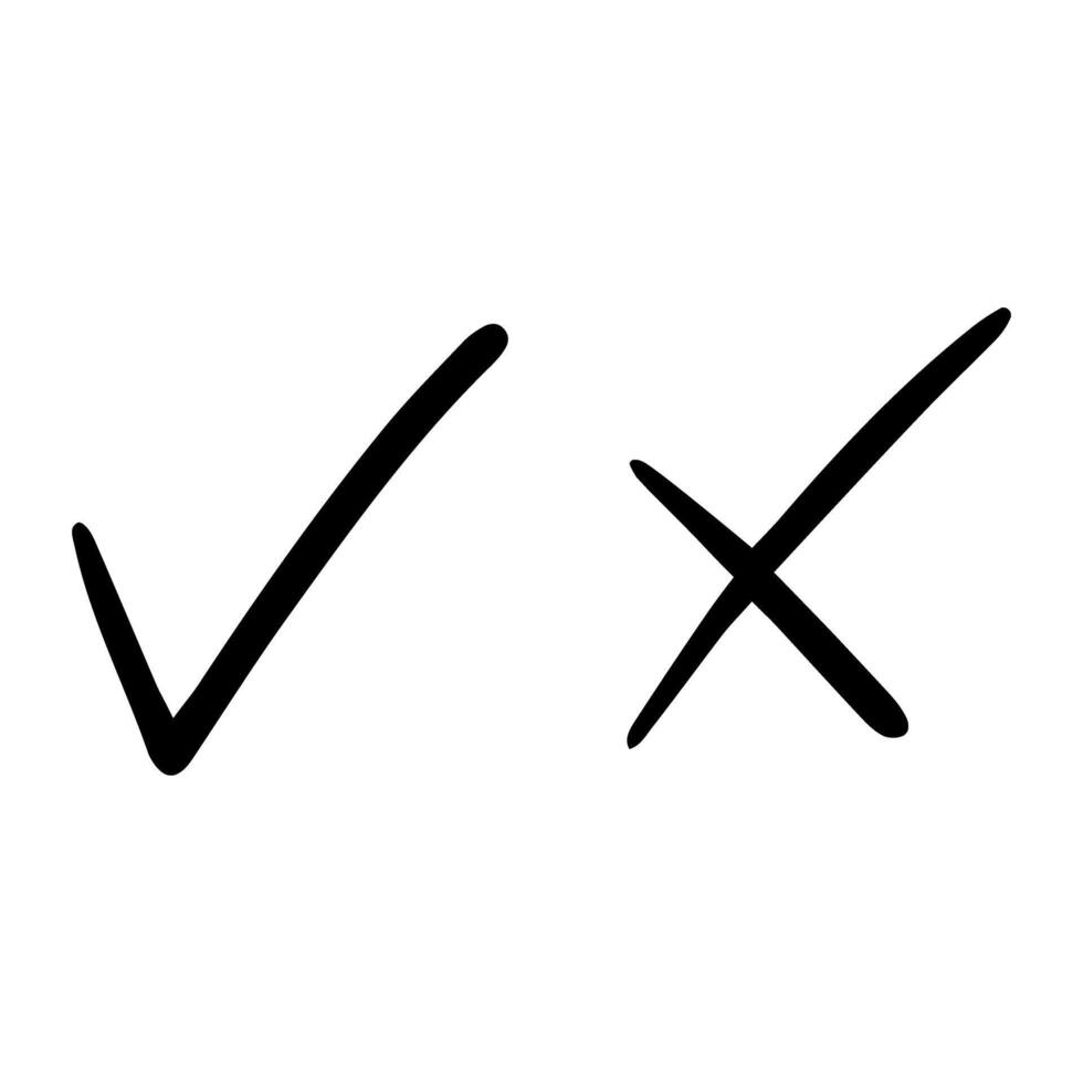 Check mark and cross. Hand drawn doodle illustration. vector