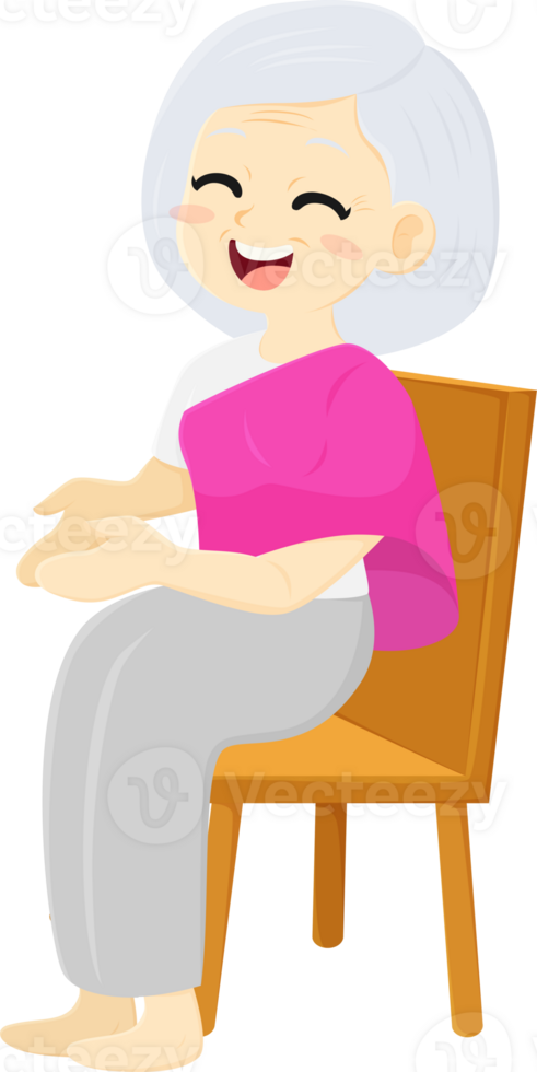 An elderly woman sitting on a chair with her hands in her lap png