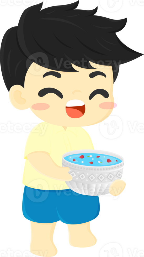 A cartoon boy holding a bowl of fruit png