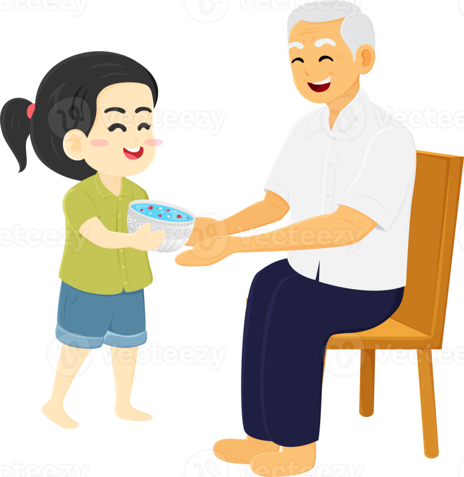 An old man giving a bowl of food to a little girl png
