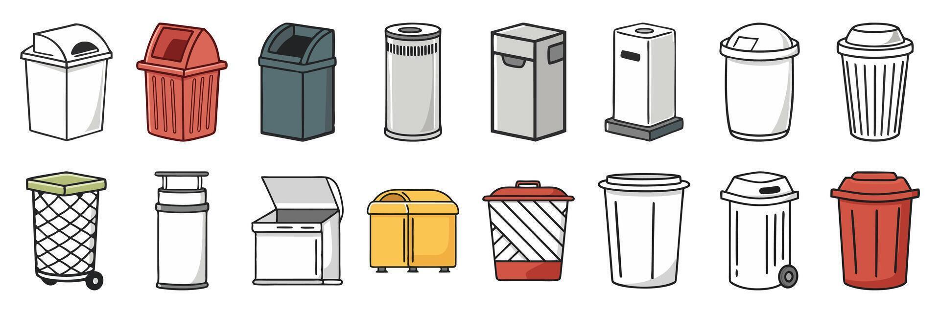 Various Trash Can Illustrations Diverse Collection of Waste Bins for Recycling and Waste Disposal vector