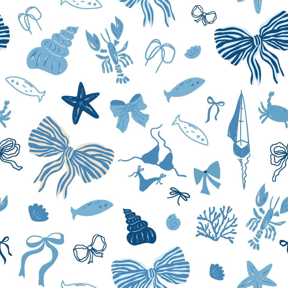 Blue coquette ocean bows seamless pattern. Sea elements, ribbons, fish, lobster, seashells, sailing boat, stars. Hand drawn whimsical repeat background, textile design, wallpaper fabric wrap vector