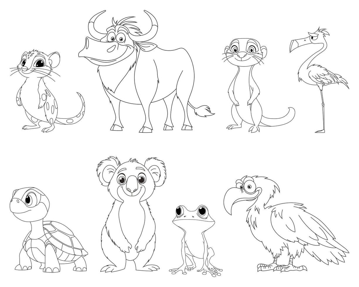 A delightful cartoon lineup showcasing a diverse collection of animals, ready for coloring fun and artistic imagination vector