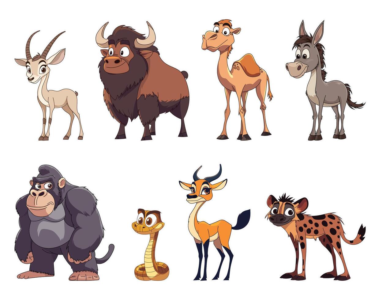 Collection of cartoon animals including a gazelle, bison, camel, donkey, gorilla, snake, deer and hyena, isolated on a white background vector