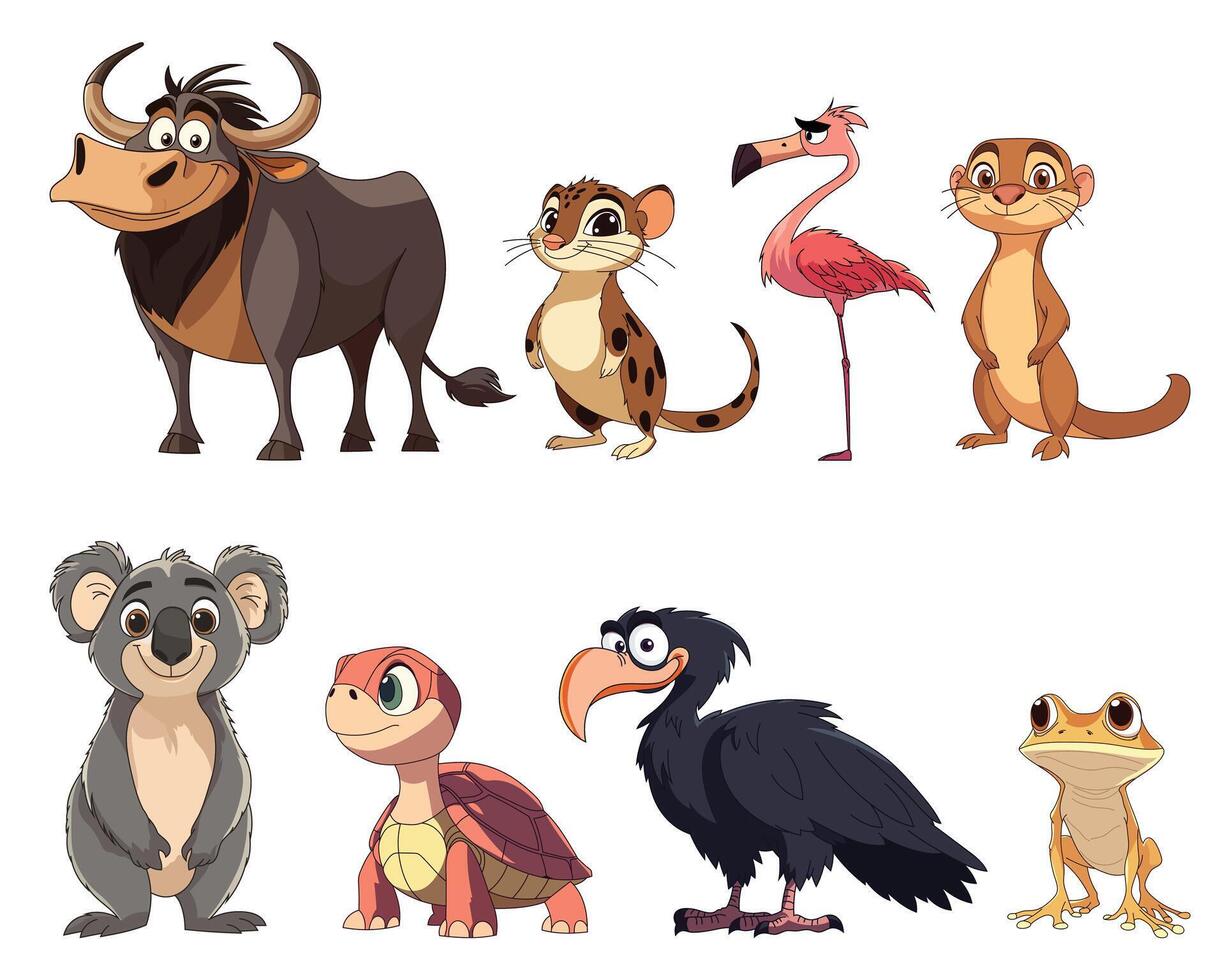 Cartoon animal lineup. A whimsical collection of wildlife characters, bursting with personality and charm, ready for adventure vector