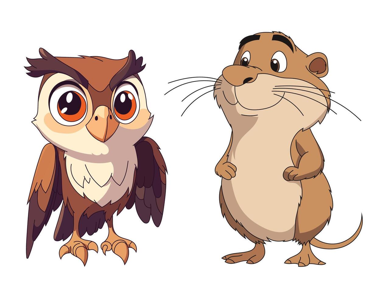 Animated owl and rodent characters stand side by side, presenting a lighthearted and friendly visual concept. Illustration art style. vector