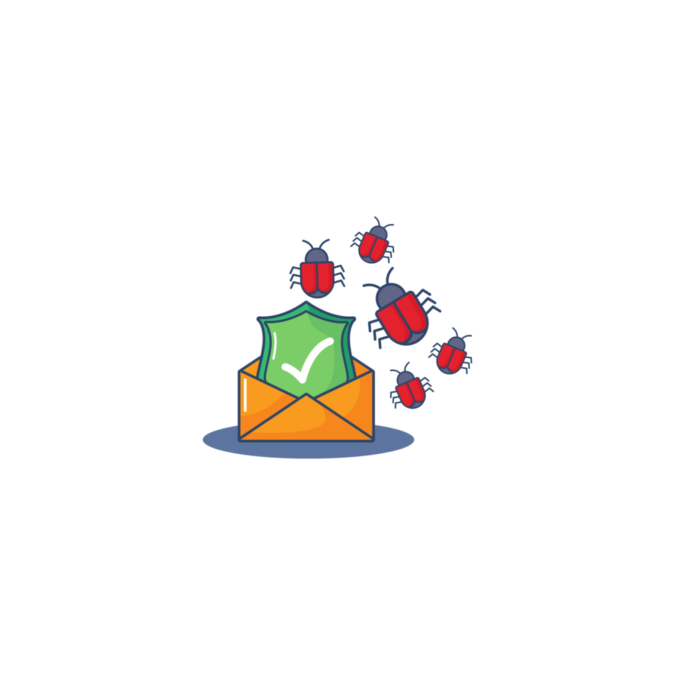 A mail envelope with a check mark and a few bugs flying around it png