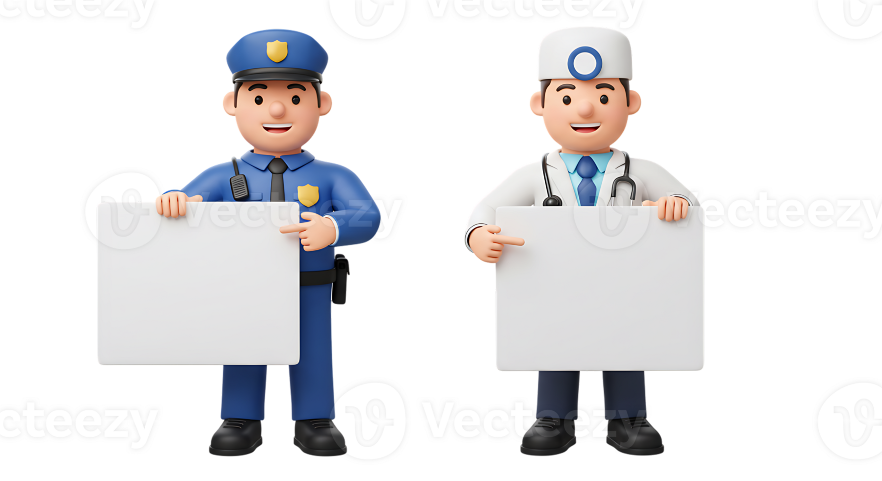 Professions Holding Blank Signs Police Officer and Doctor 3D Render png