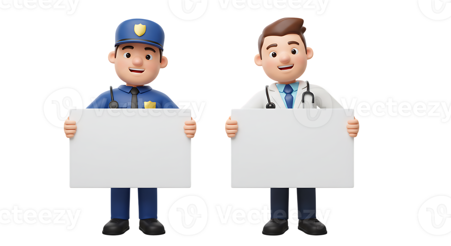 Professions Holding Blank Signs Doctor and Police 3D Render png