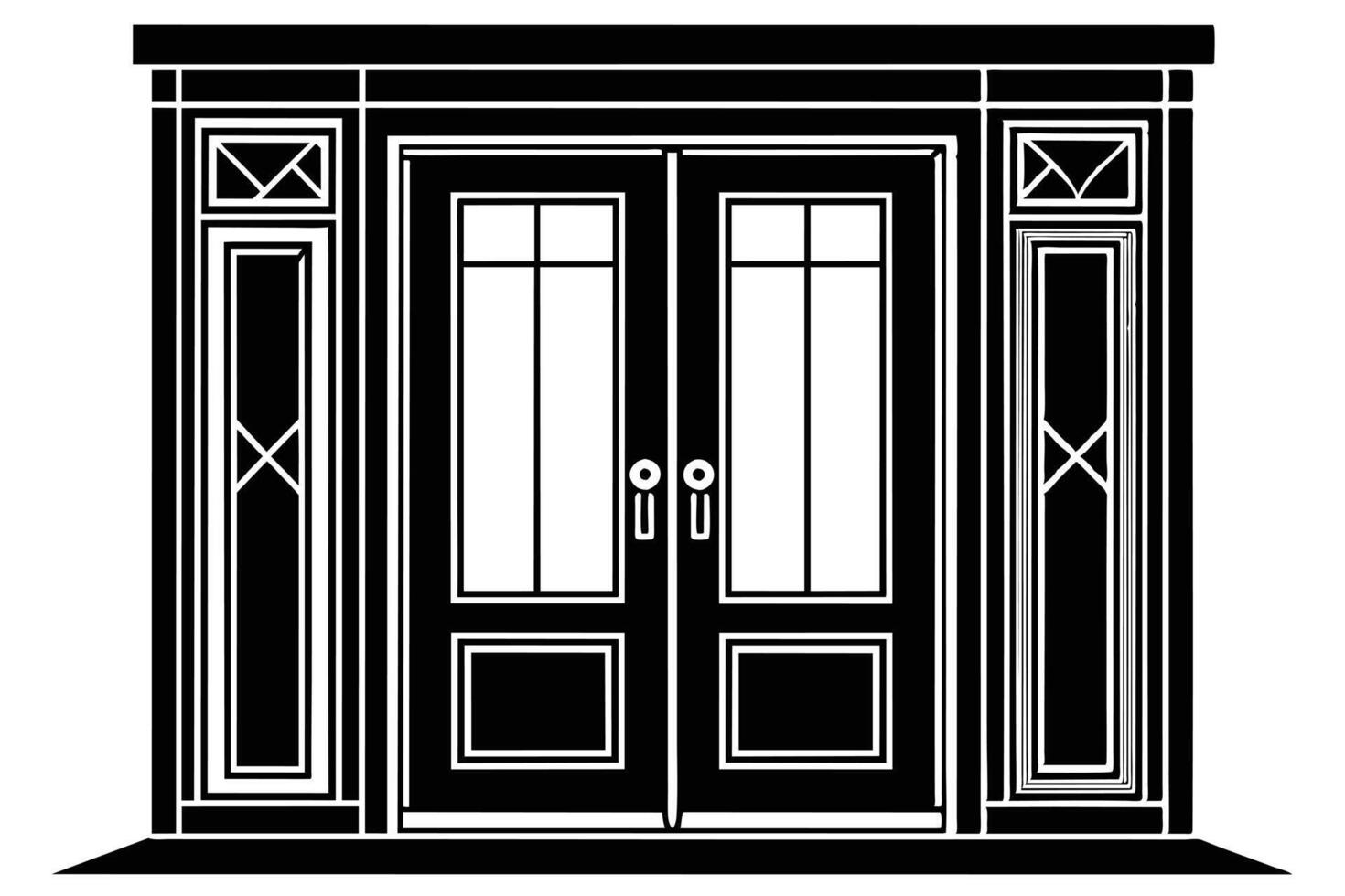 A drawing of an arched double door with divided windows. vector
