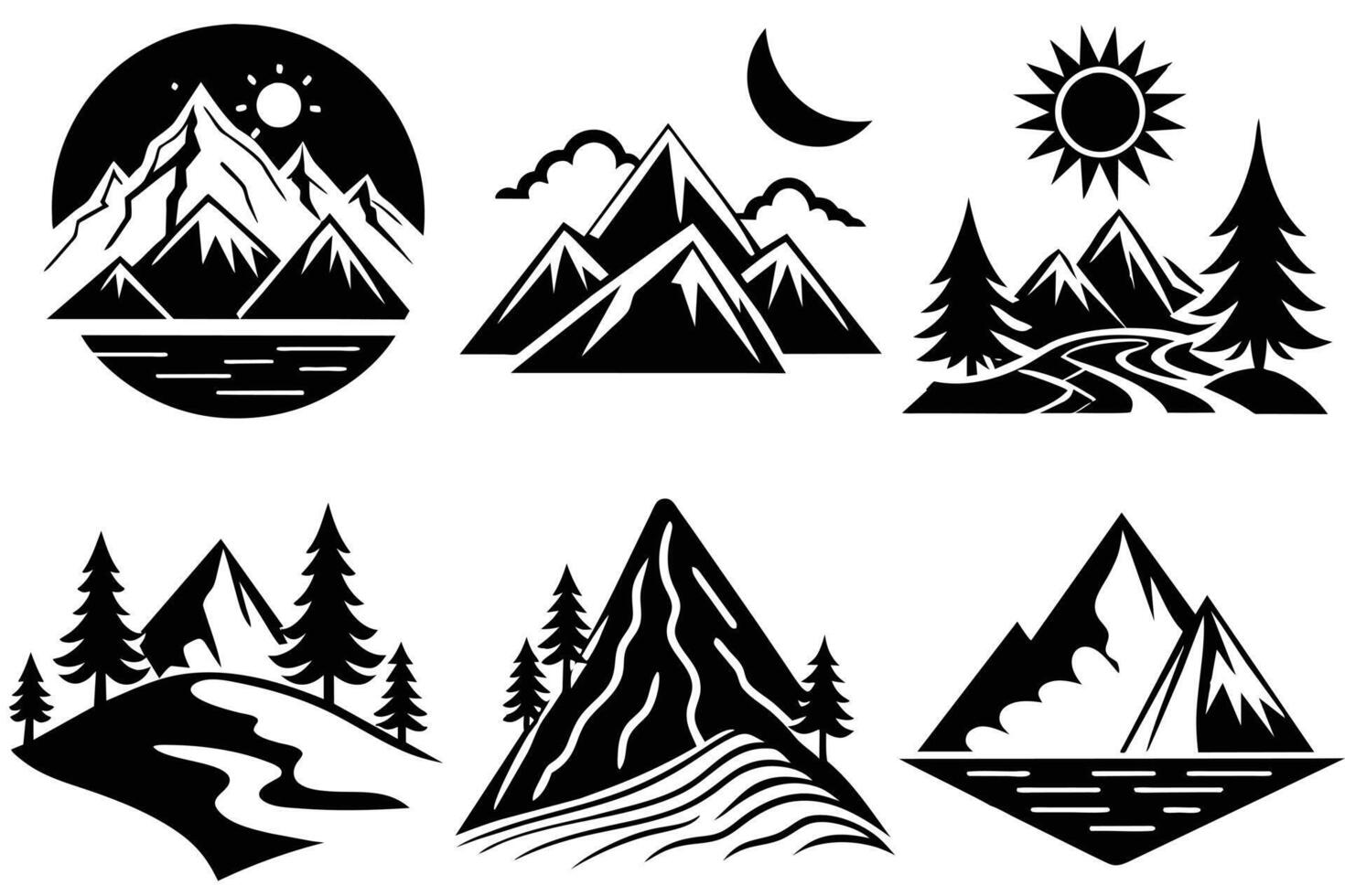 Collection of Black and White Mountain and Nature Scenes vector