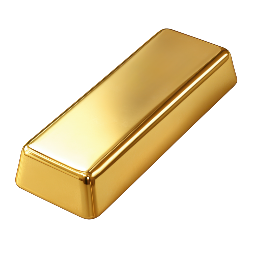 A gold bar resting on a polished surface with natural lighting highlighting its shiny texture and reflective qualities png