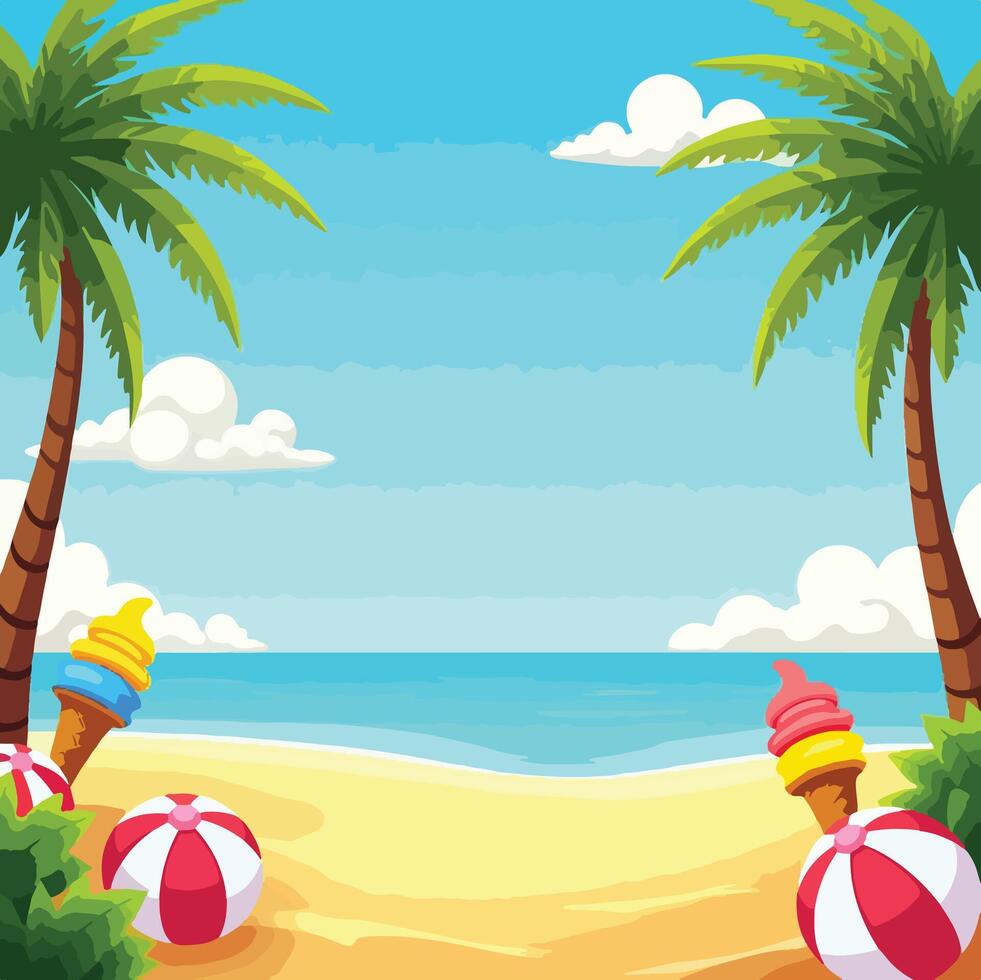 tropical beach with ice cream cones and palm trees vector