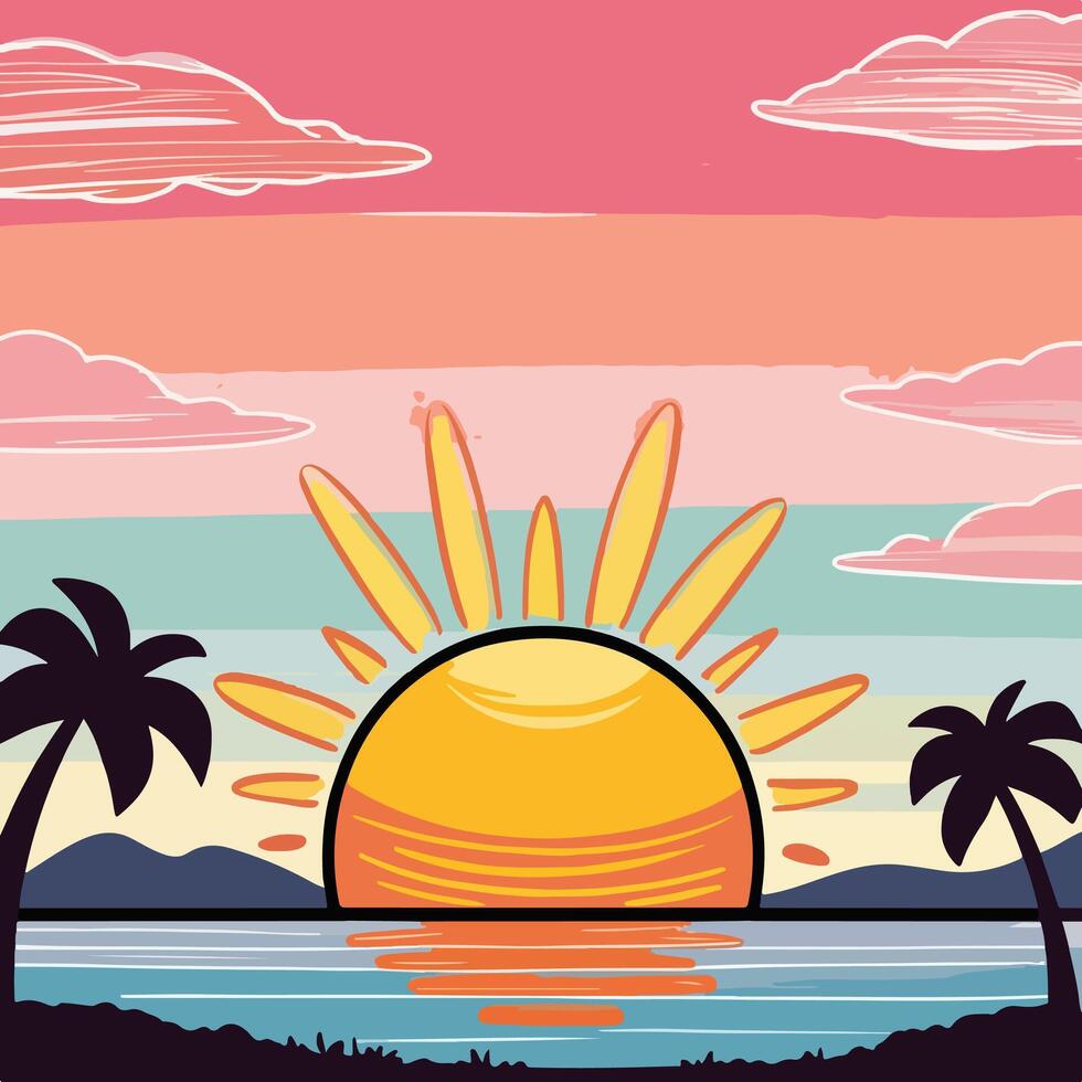 a cartoon illustration of a sunset over the ocean vector