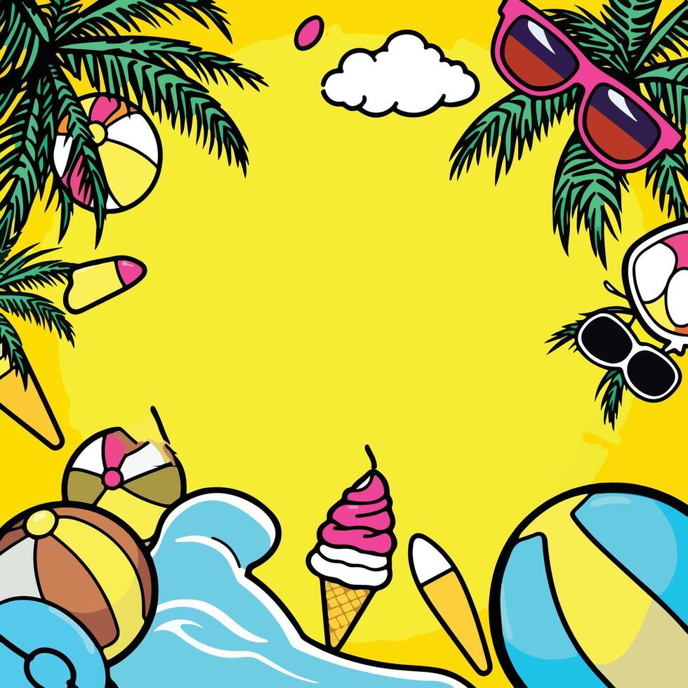 summer background with beach ball, palm tree, ice cream, sunglasses and other items vector