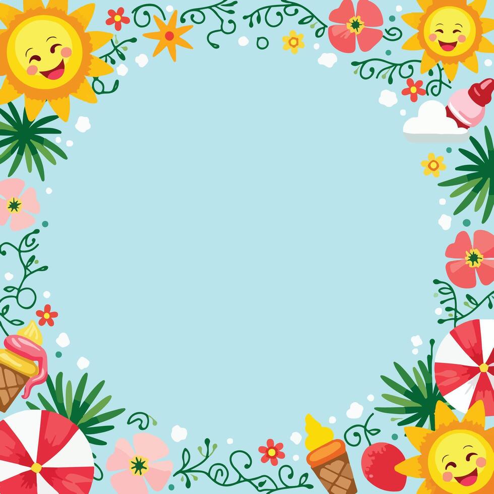 summer frame with sun, flowers, ice cream, umbrella and other items vector