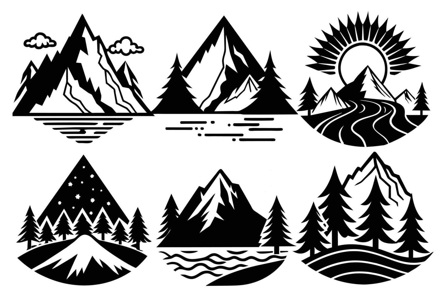 A collection of Black and White Mountain and Nature Scenes vector