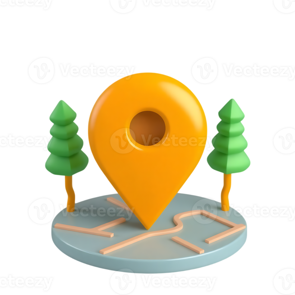 3d yellow location icon with green tree on circular object. png