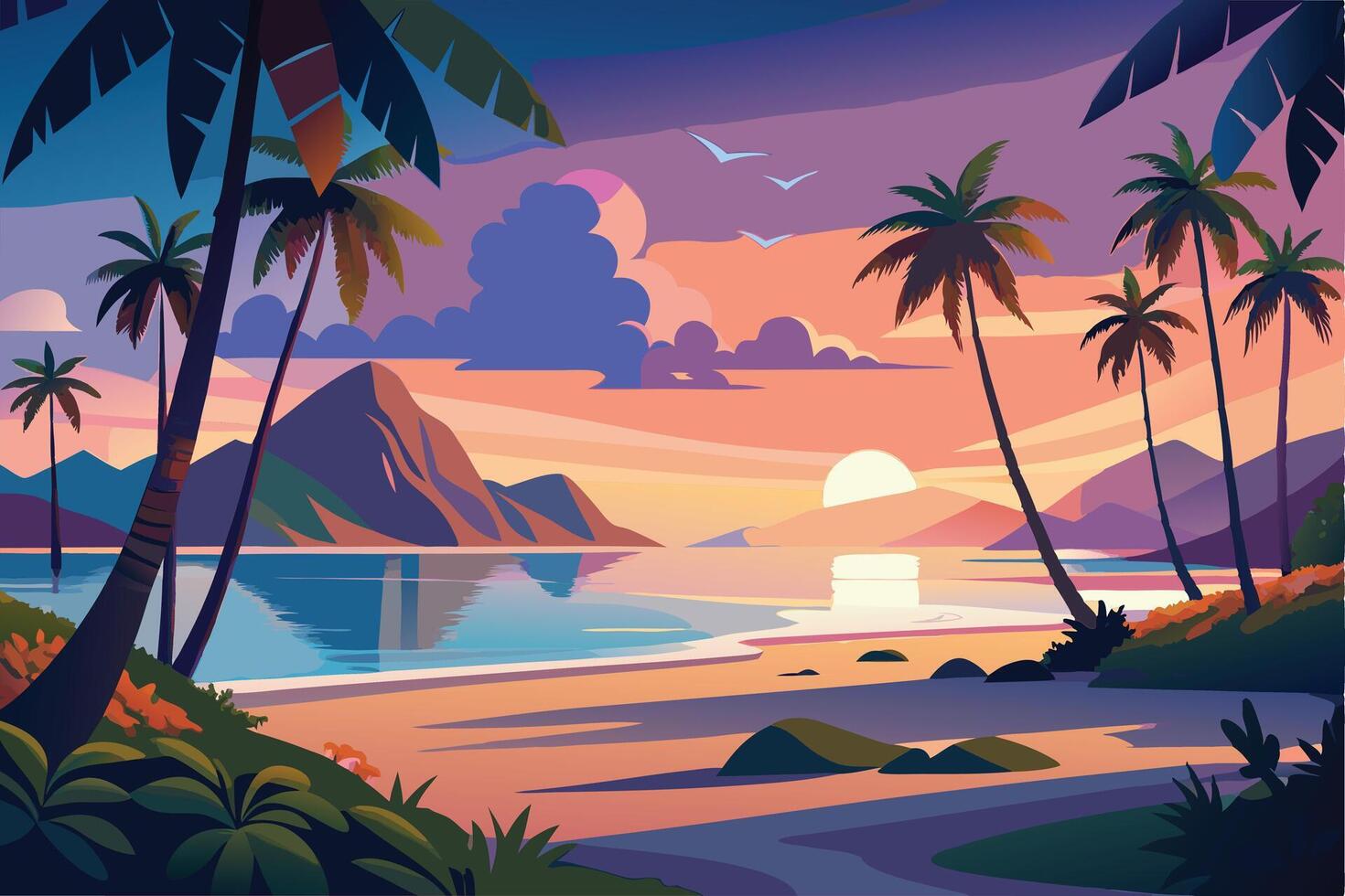 Tropical Sunset Beach Scene vector