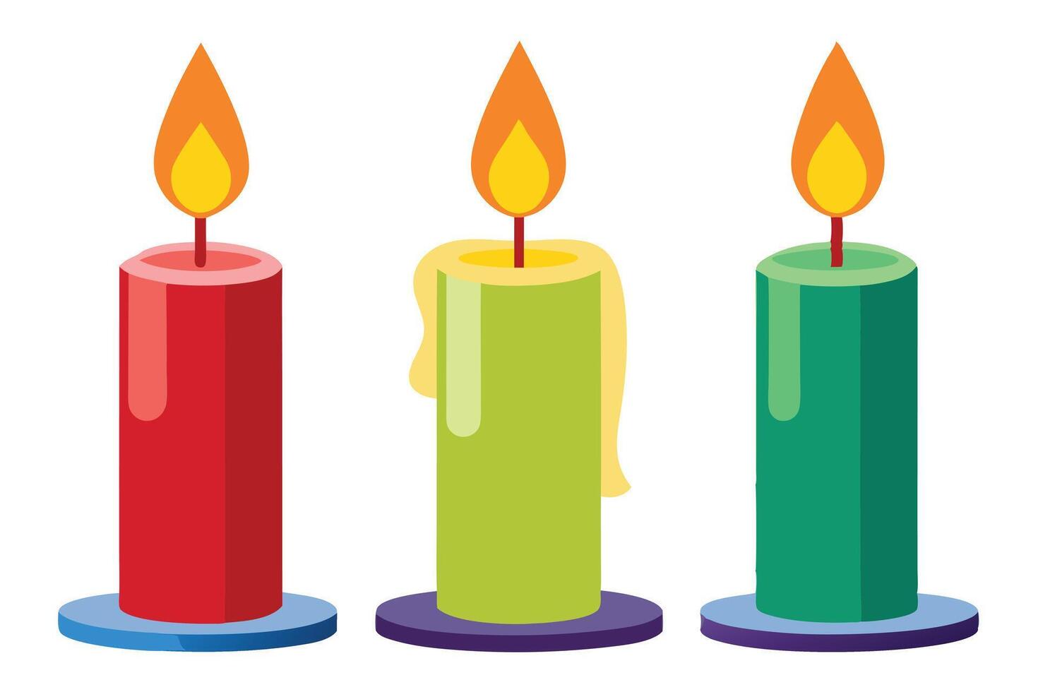 Three Colorful Candles Lit Against a White Background vector