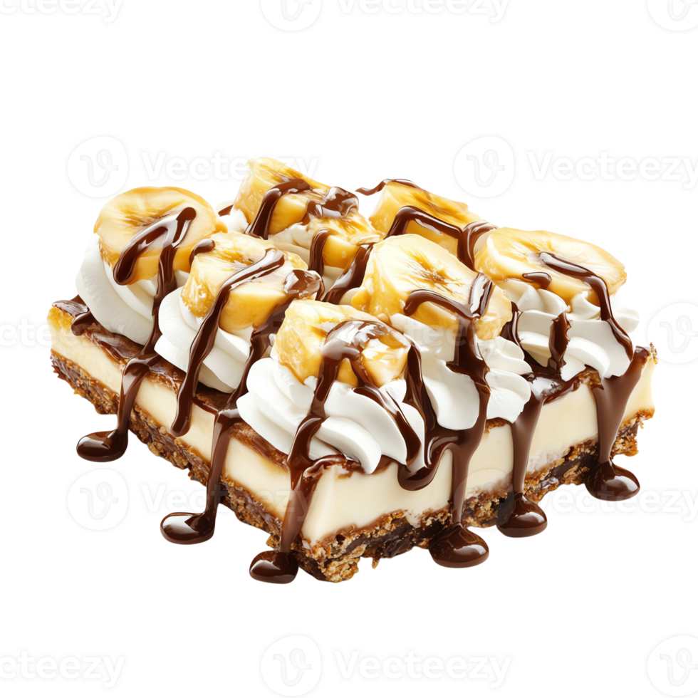 Delicious banana dessert slice with whipped cream and chocolate drizzle png