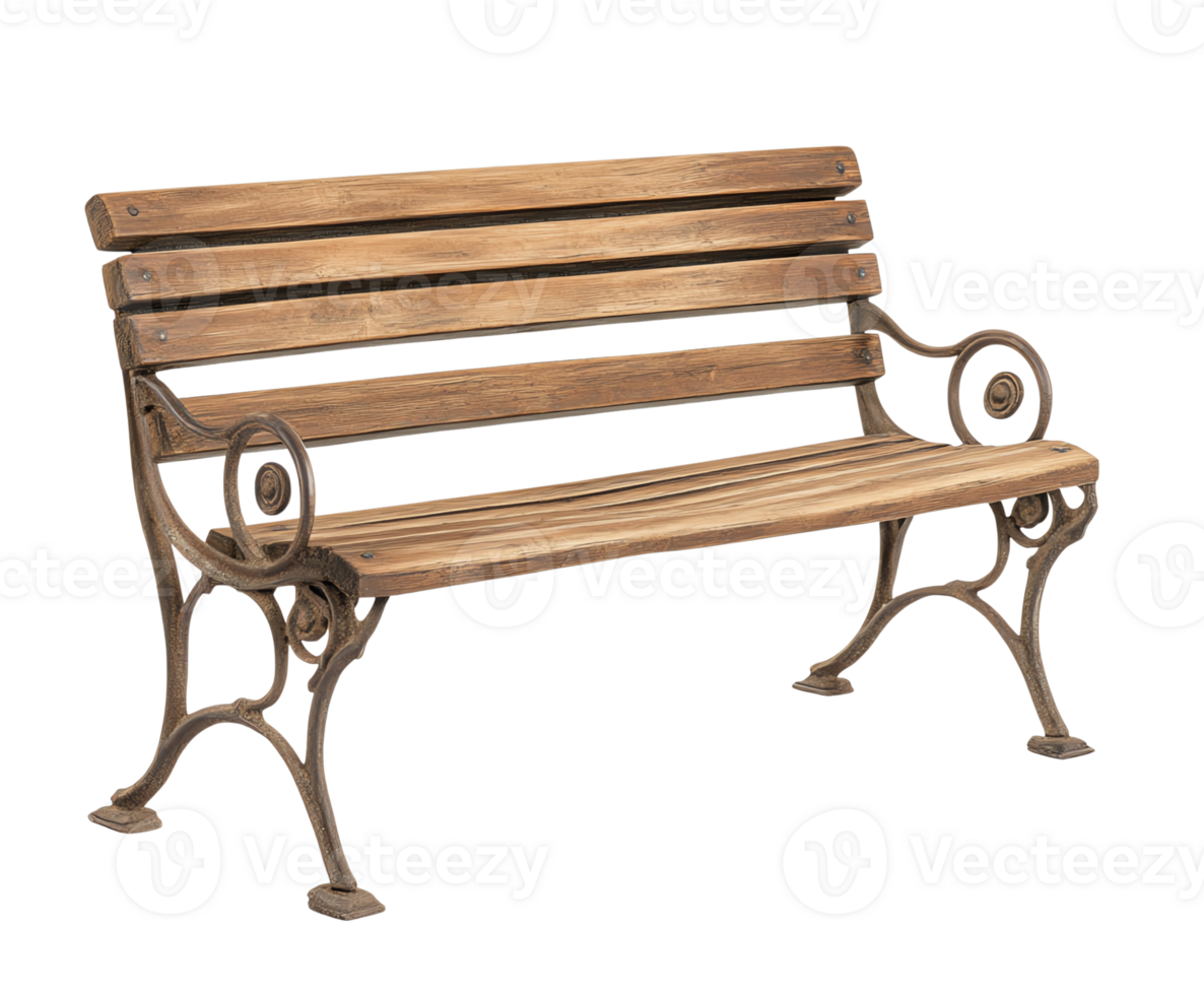 A classic wooden park bench with ornate metal legs, isolated png