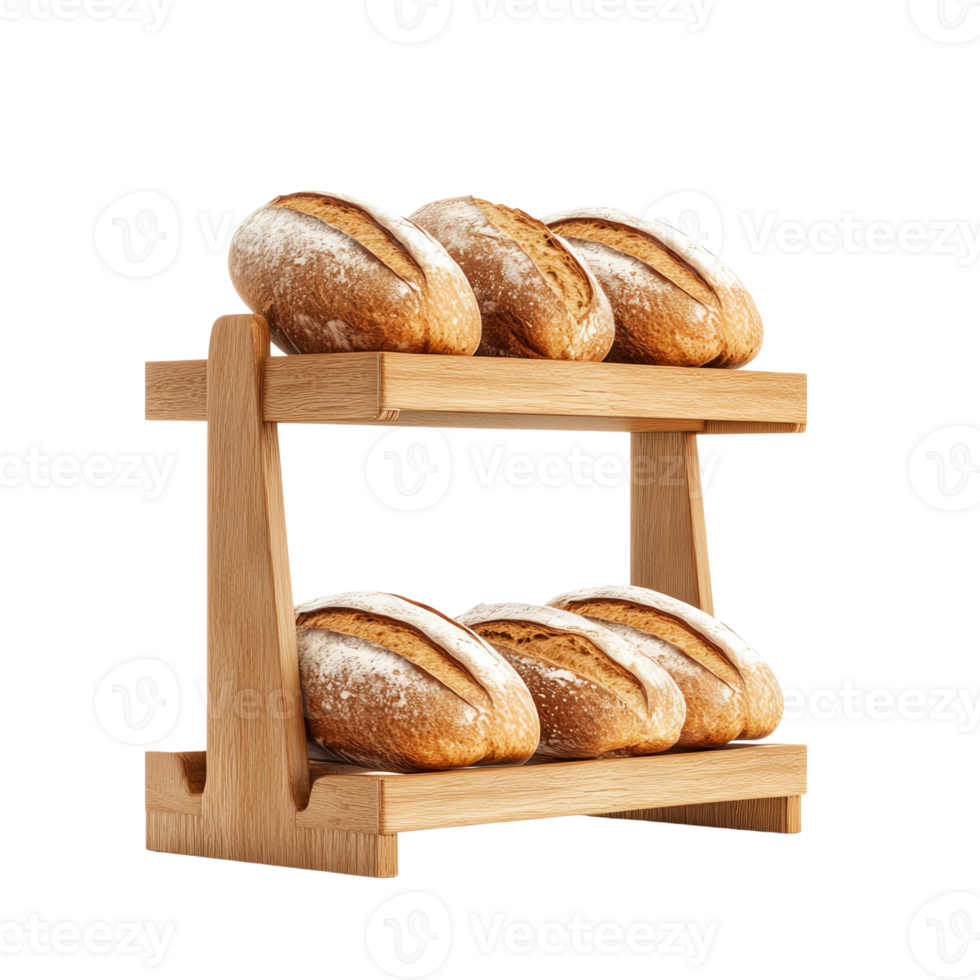 Artisan bread loaves displayed on a wooden rack, isolated png