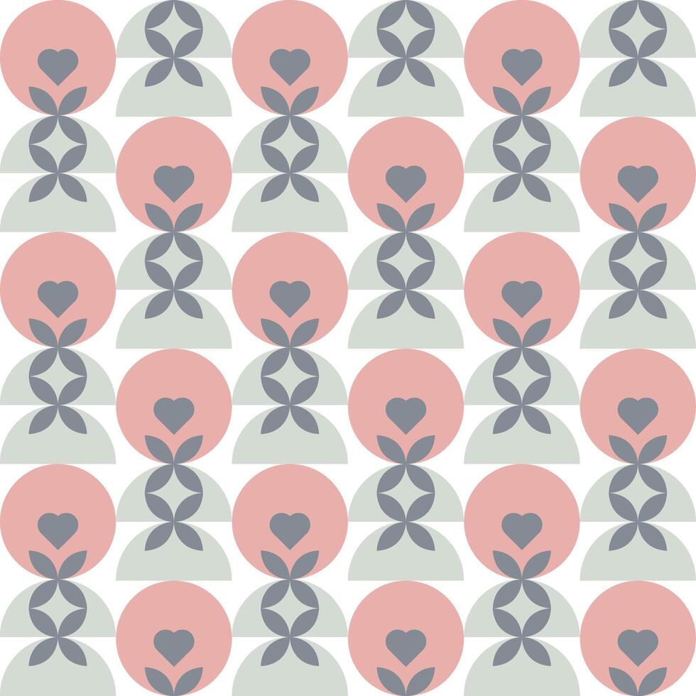 Seamless pattern featuring abstract heart shapes, geometric petals, and semi-circles in soft pastel tones of pink, gray, and pale green, perfect for romantic themes, textiles, and surface design vector