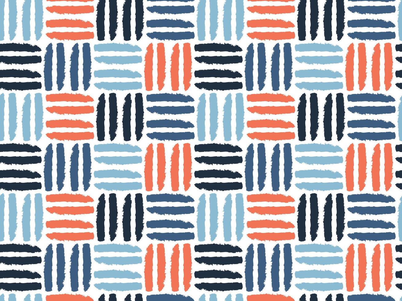 Vibrant geometric pattern features an arrangement of stripes and blocks in red, blue, and white. Ideal for contemporary textiles and home decor applications. vector