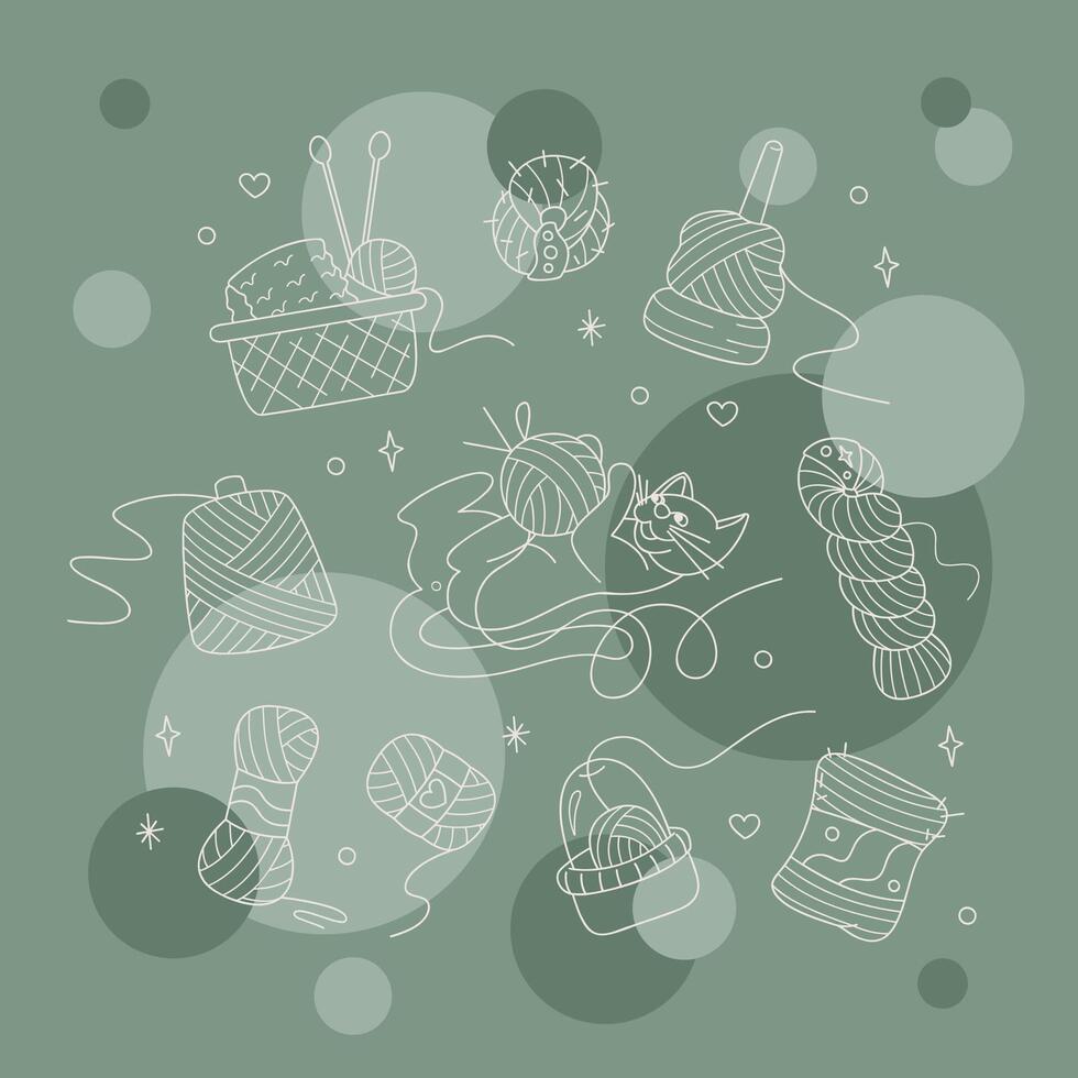 Set with cute cat, balls of yarn and containers color. Outline illustration for your projects. vector