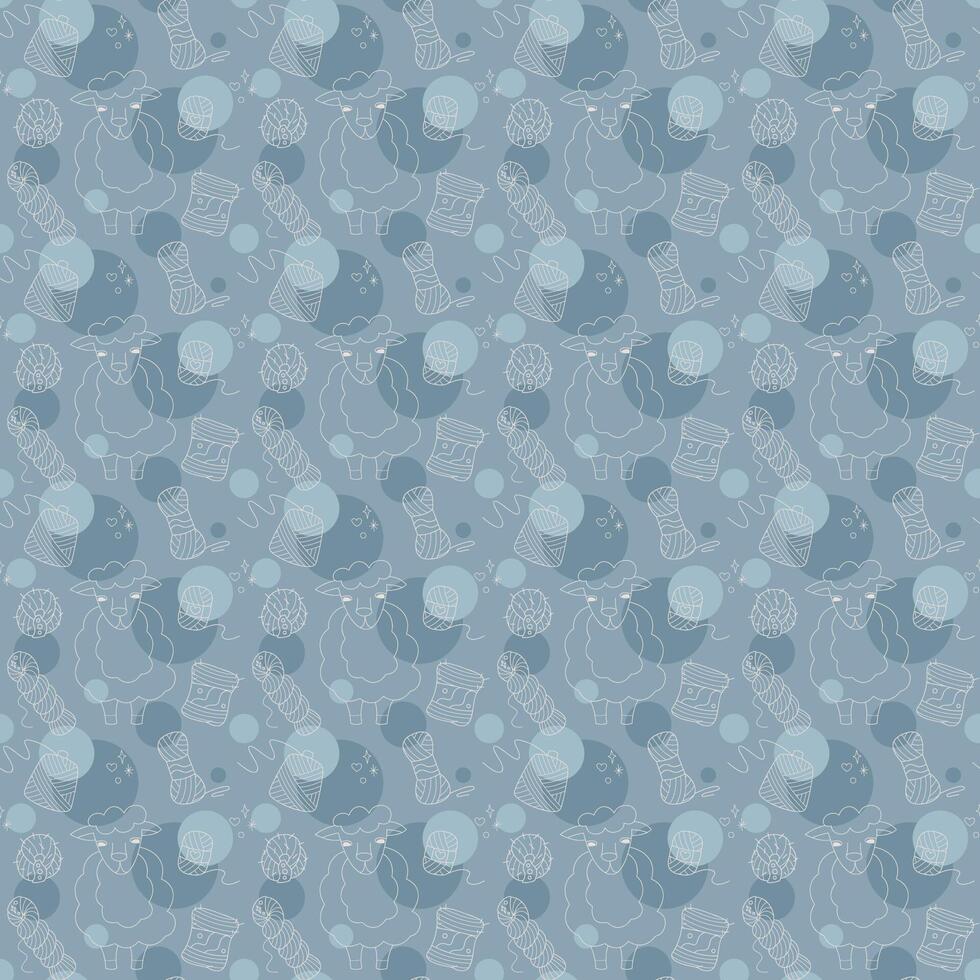 Seamless pattern with cute sheep and skeins of yarn color. Illustration for your projects. vector