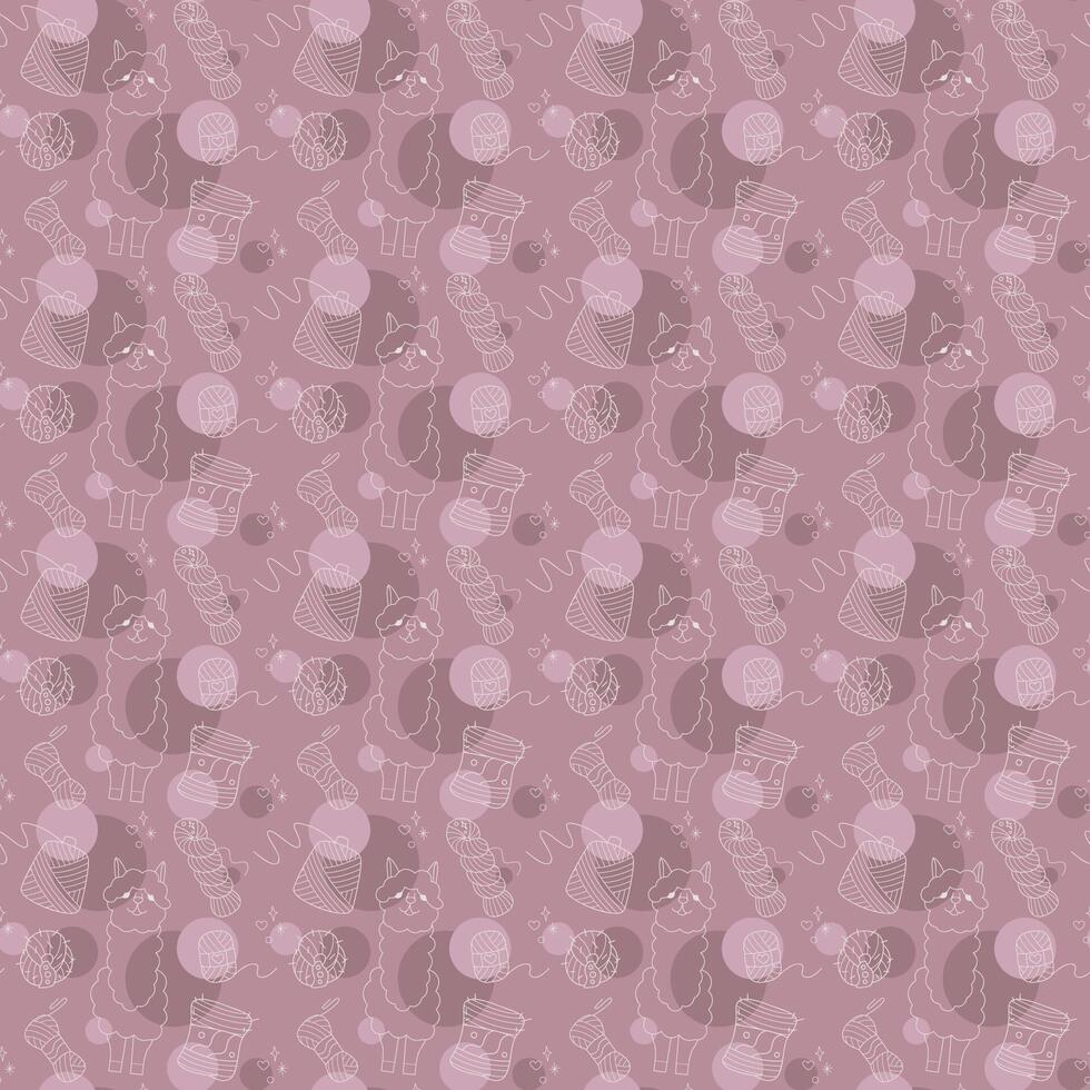 Seamless pattern with cute alpaca and skeins of yarn color. Illustration for your projects. vector
