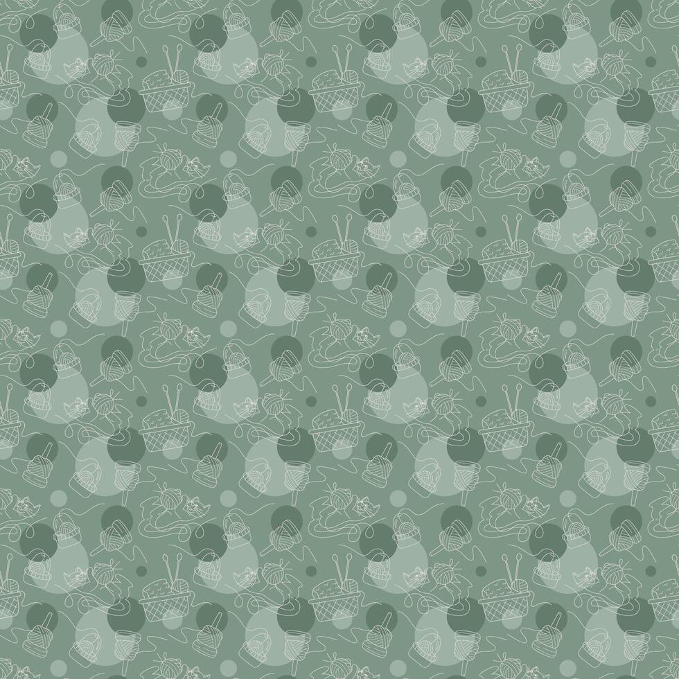 Seamless pattern with cat, skeins of yarn and containers color. Illustration for your projects. vector