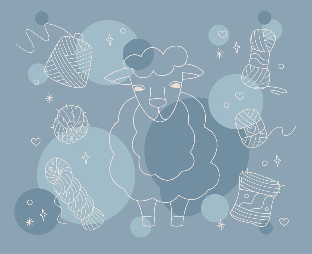 Set with cute sheep and skeins of yarn color. Outline illustration for your projects. vector