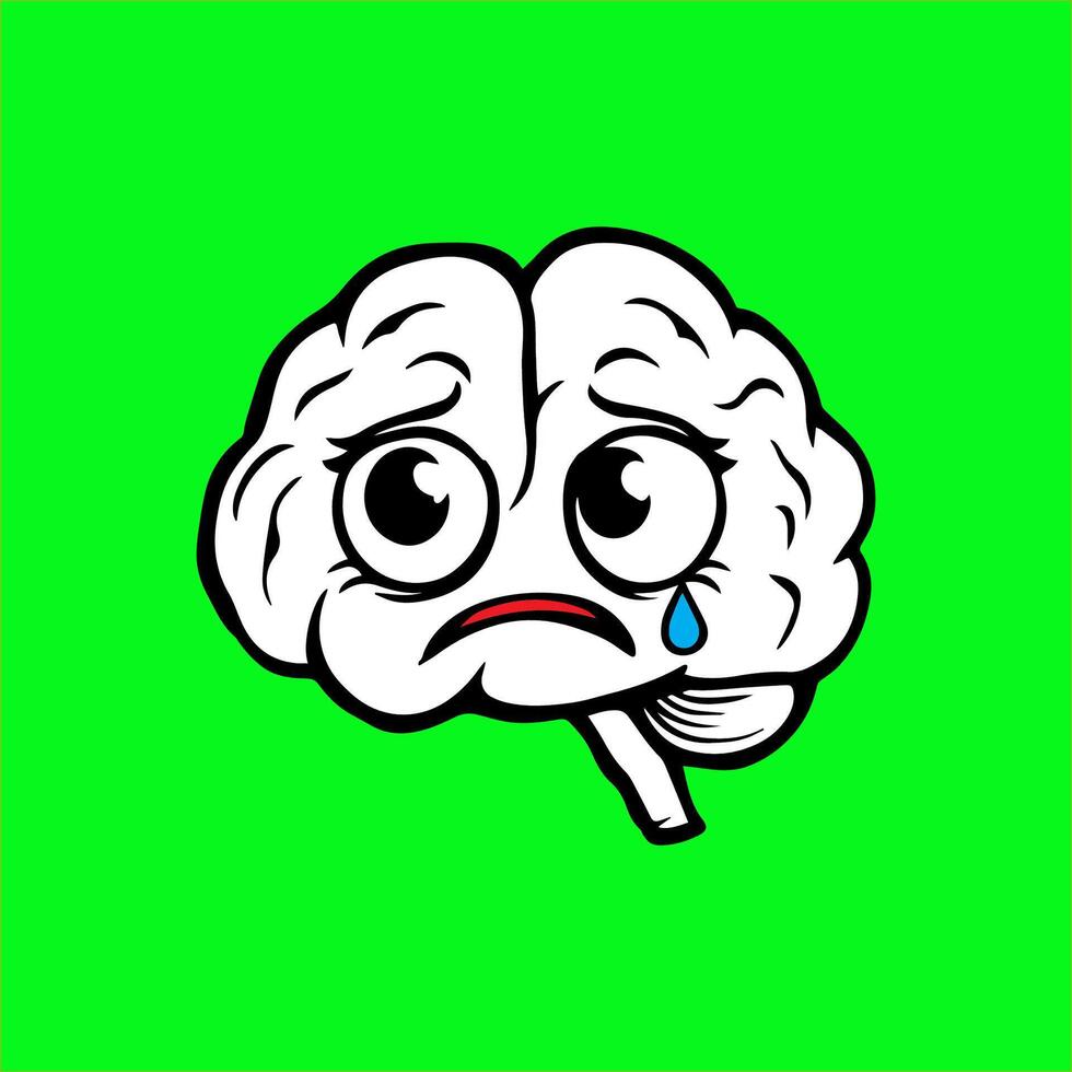a cartoon brain with tears on a green background vector