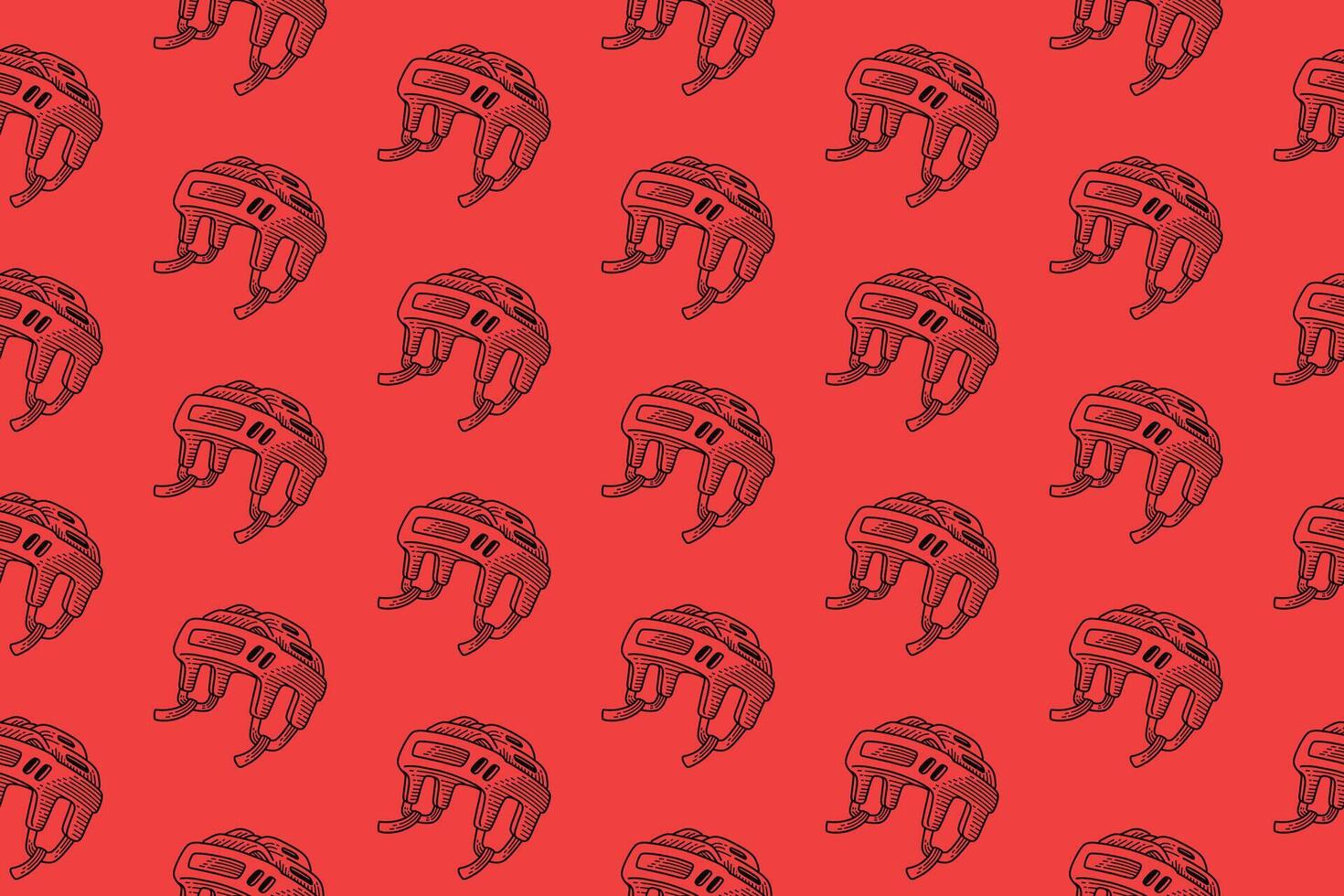 hockey helmet doodle seamless pattern on red background. ice hockey headgear symbol engraving pattern background. retro hockey head protection helmet background for hockey sport club vector