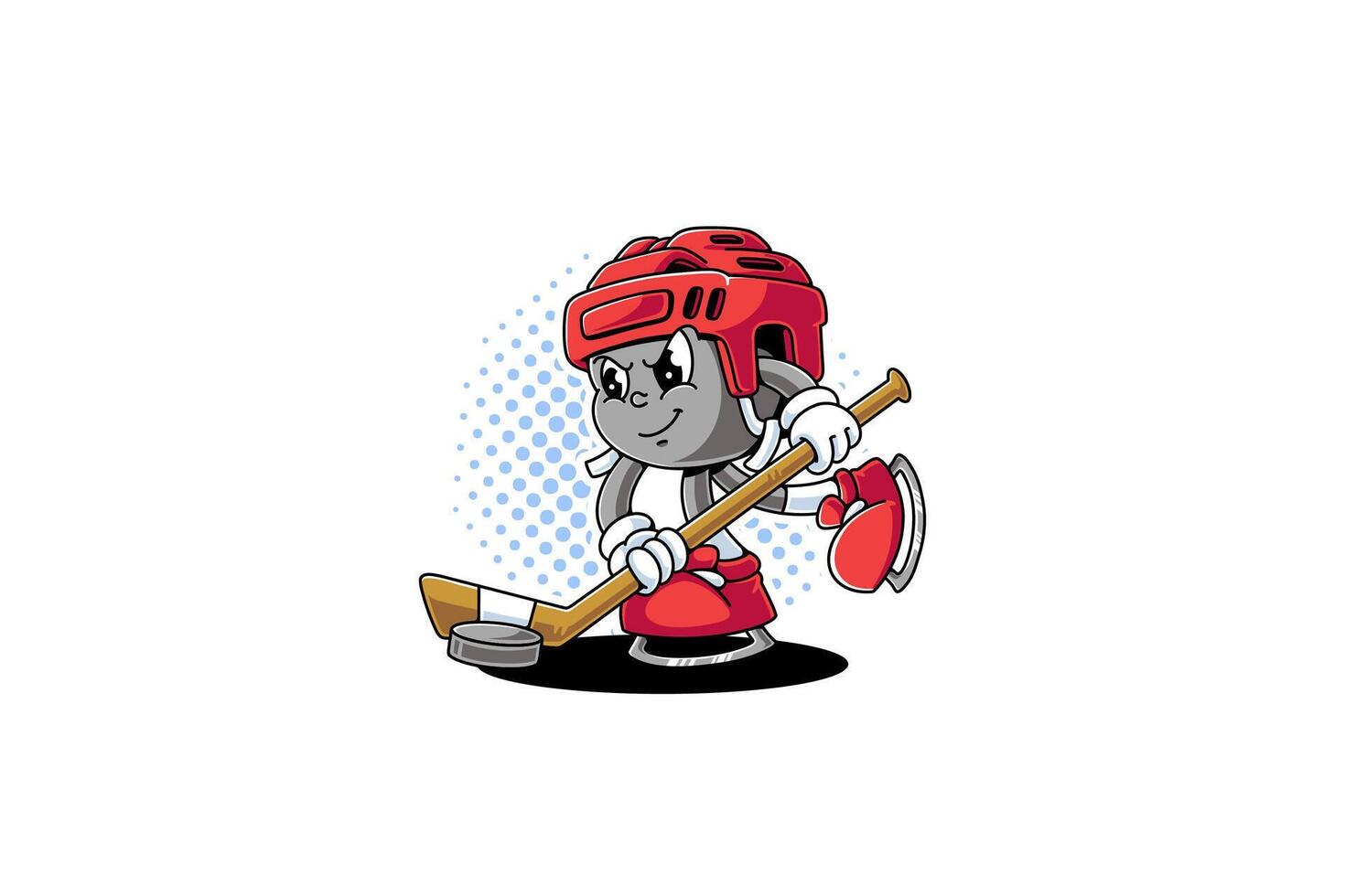 hockey helmet retro cartoon character mascot illustration with skating and dribbling hockey puck with a stick for hockey sport club, hockey tournament mascots and merchandise vector