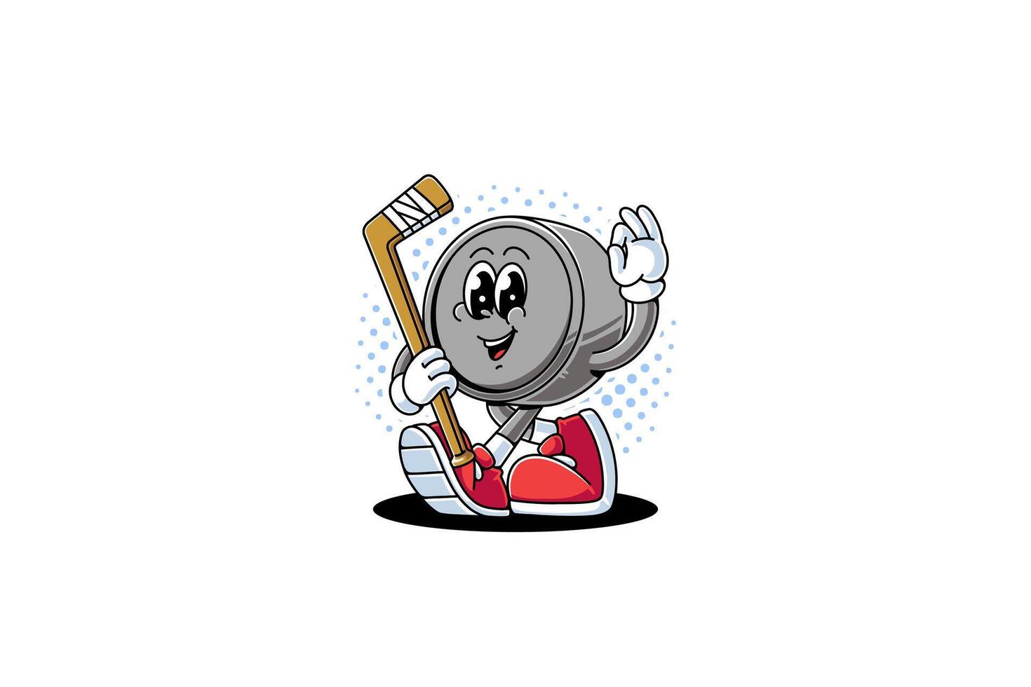 hockey puck retro cartoon character mascot illustration with walking pose, holding hockey stick and showing ok hand for hockey sport club, hockey tournament mascots and merchandise vector
