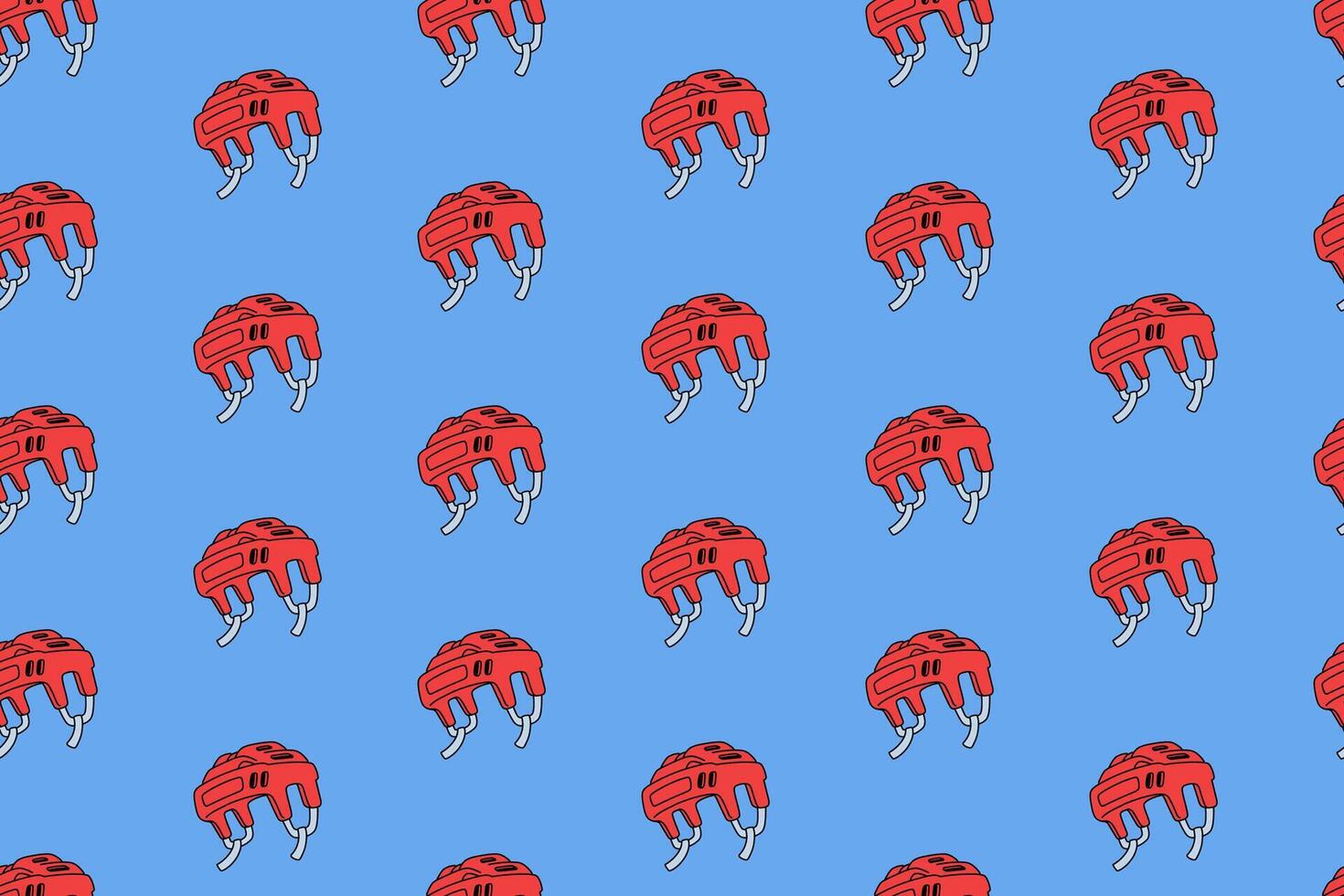 hockey helmet colorful pattern on blue background. doodle ice hockey helmet object symbol seamless pattern background. red helmet headgear hockey seamless pattern for hockey sport club vector