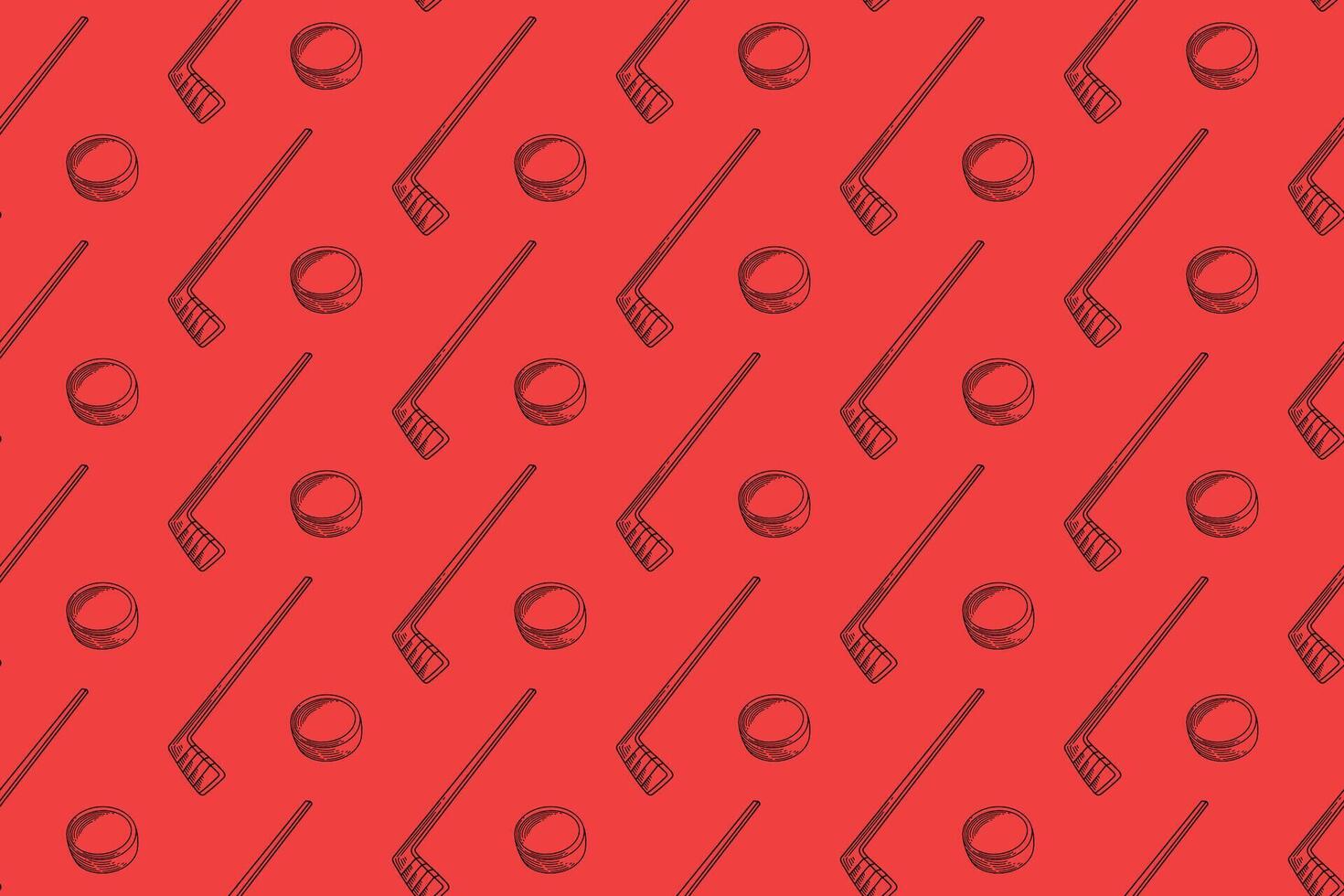 hockey stick with puck doodle seamless pattern on red background. ice hockey puck and stick symbol engraving pattern background. retro hockey stick and puck background for hockey sport club vector