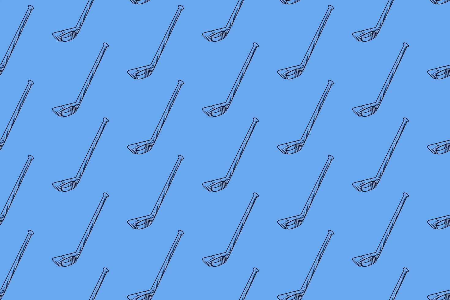 hockey stick and puck doodle seamless pattern on blue background. ice hockey bat and puck symbol engraving pattern background. retro stick with puck hockey background for hockey sport club vector