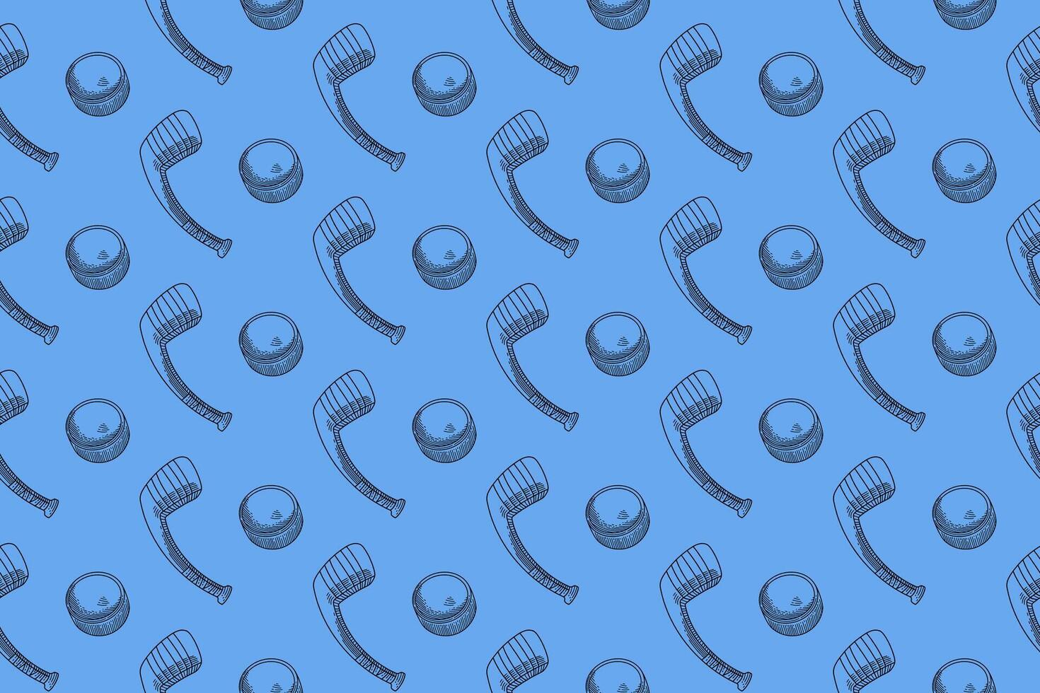 hockey stick and puck doodle seamless pattern on blue background. ice hockey stick and puck symbol engraving pattern background. retro hockey bat and puck background for hockey sport club vector