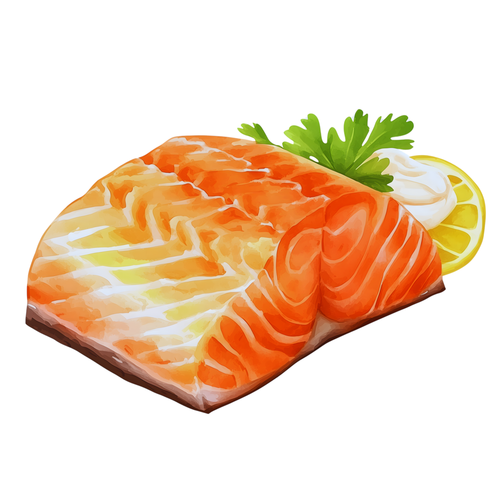 Delicious Watercolor Salmon Fillet with Lemon and Parsley Garnish png