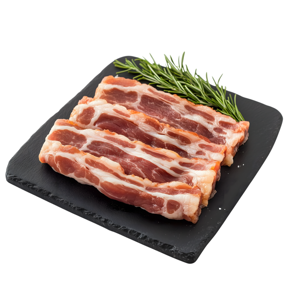 Delicious Crispy Bacon Slices on Black Slate with Rosemary Garnish png