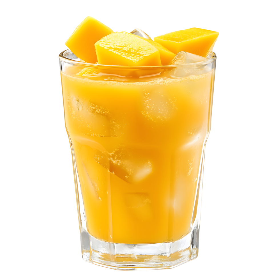 Fresh Mango Chunks, Juice, and Ice Cubes in a Clear Glass on Transparent Background png