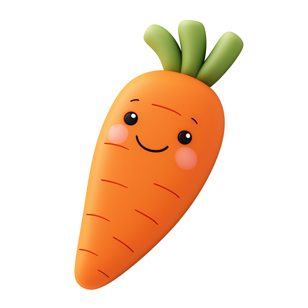 Cartoon Style Orange Carrot with Happy Face, Green Top, Transparent Background png