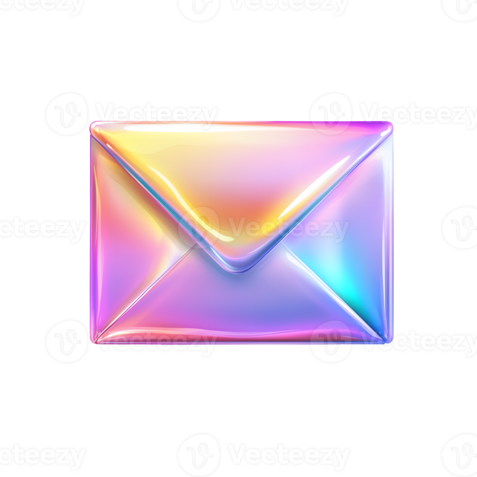 Holographic Envelope with Transparent Background, Iridescent Metallic Icon, 3D Render png